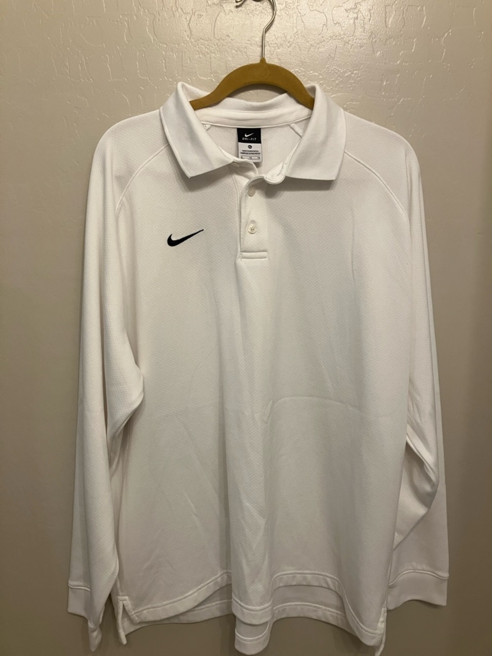 Nike Men's White Long-Sleeve Polo with Black Swoosh